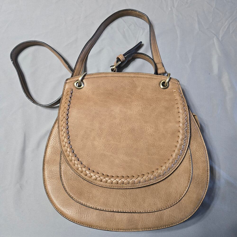 Jen & Co. Tan Whipstitch Saddle Crossbody Bag Boho Vegan Leather